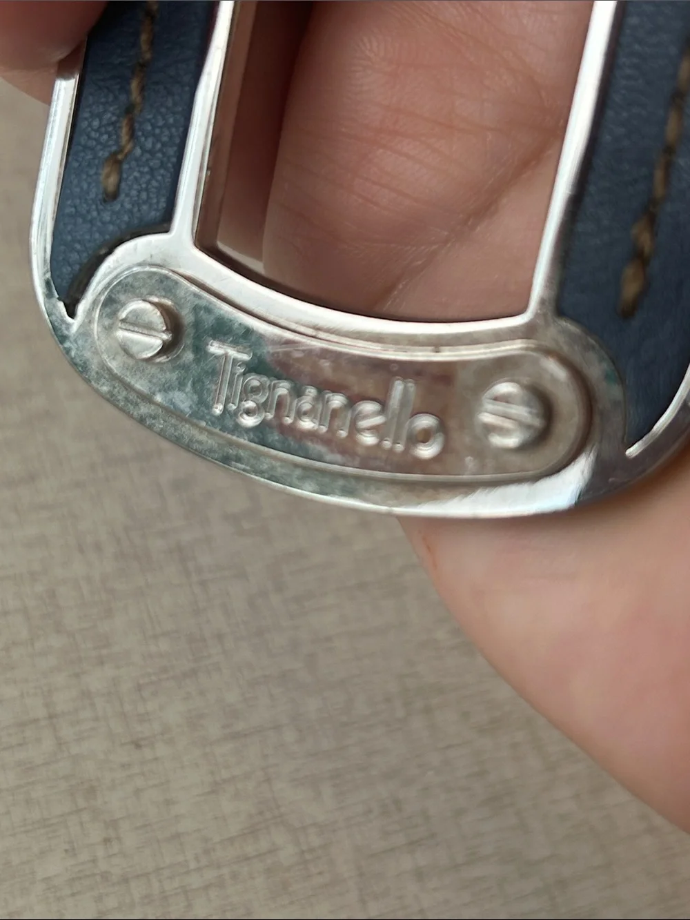 Tignanello Blue Leather and Brown Strap Metal Key Fob